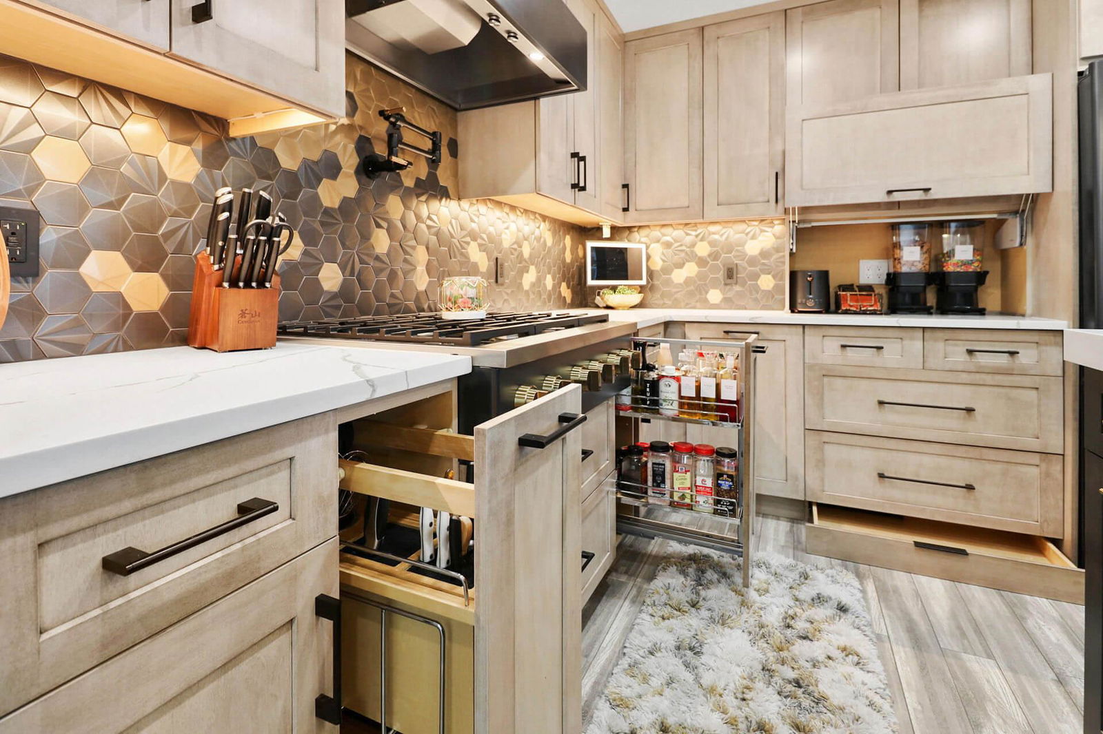 A kitchen with wooden cabinets and a stove top oven