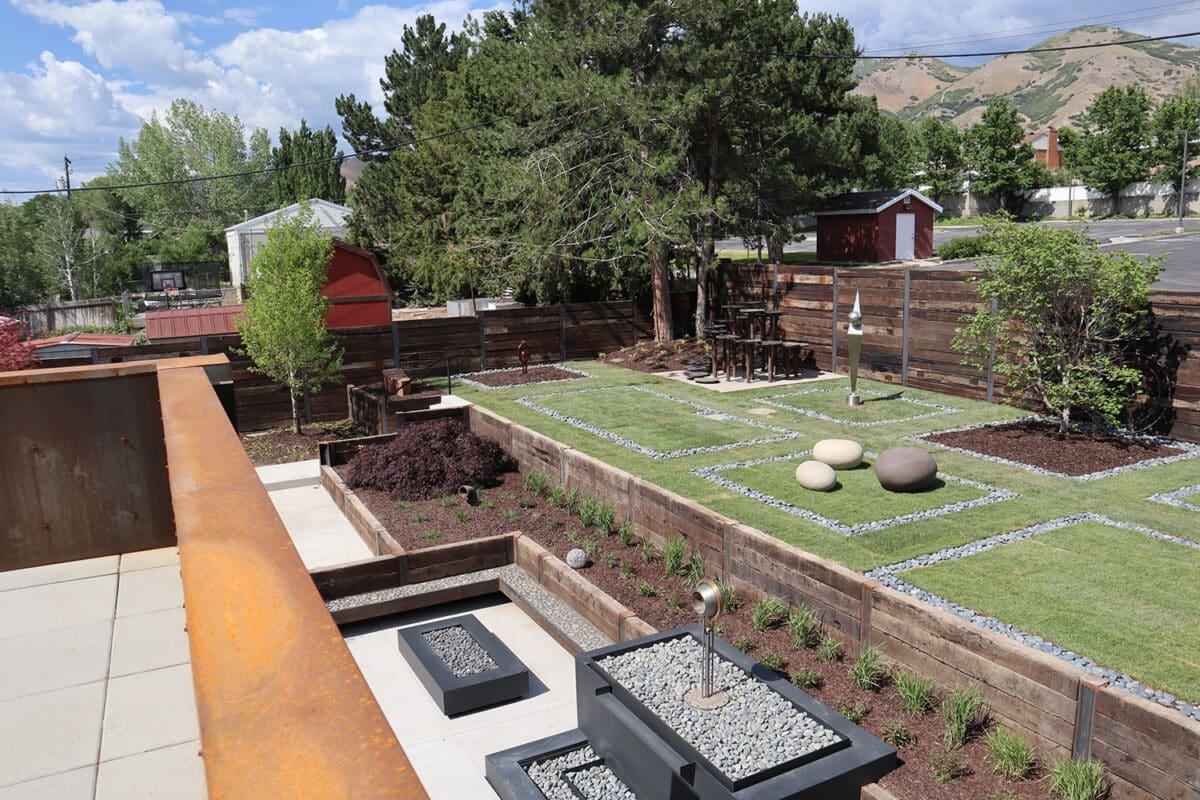 A view of a garden from a roof