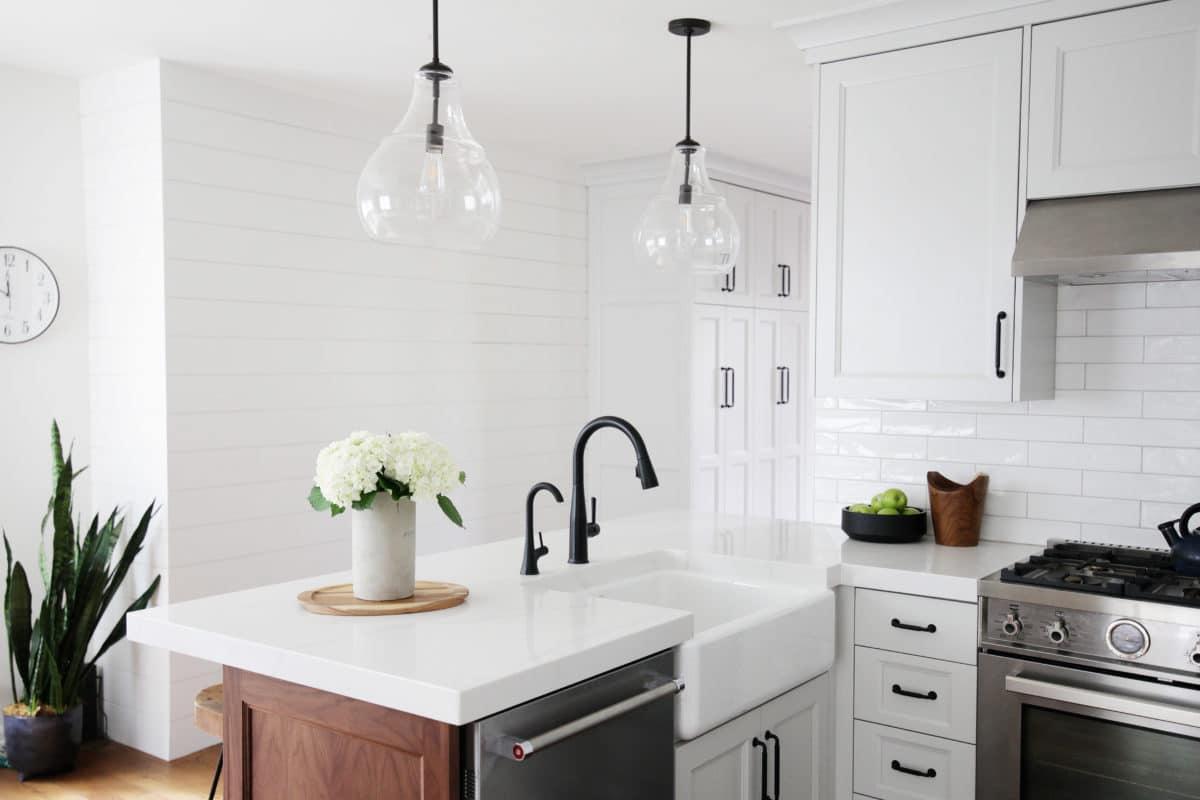 A kitchen with a sink, stove, and a potted plant