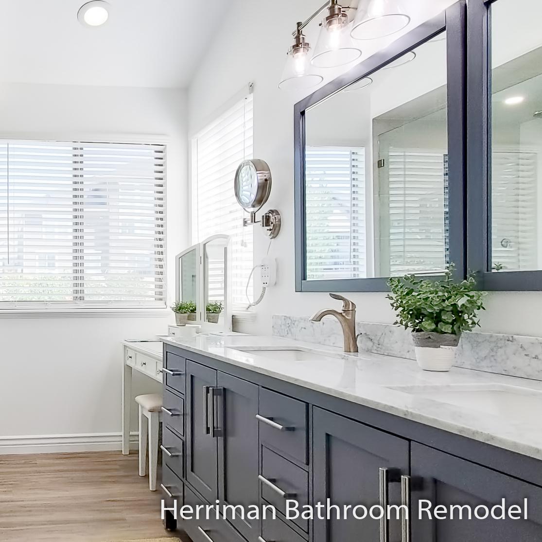 A bathroom with two sinks and a large mirror